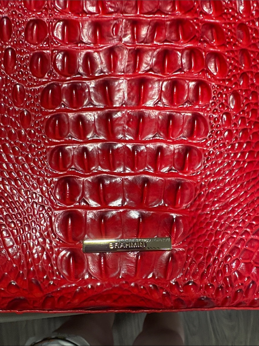 Brahmin Red Croc-Embossed Leather Tote with Logo Plaque